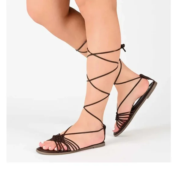 Journee Collection Jess Sandals Wraparound Ankle Tie Open Toe Vegan Leather NIB - Picture 1 of 8